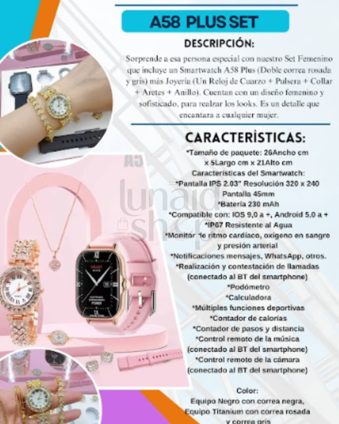 Set Smartwatch A58 Plus – Edición Premium (Rosado) + Accesorios Exclusivos