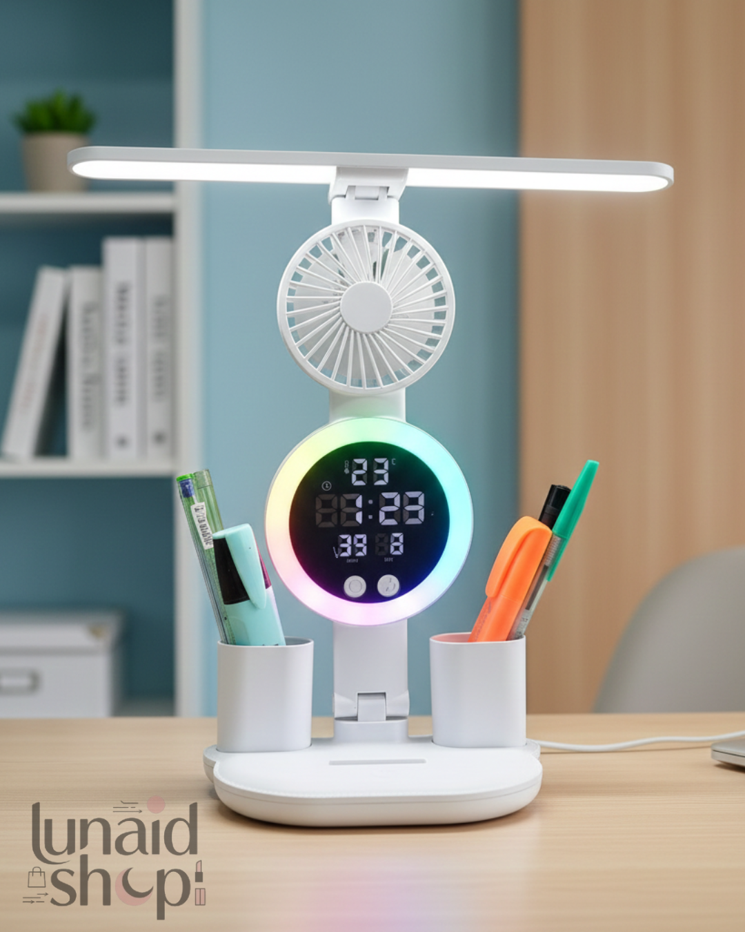 LÁMPARA DE ESCRITORIO CON LUZ LED Y VENTILADOR