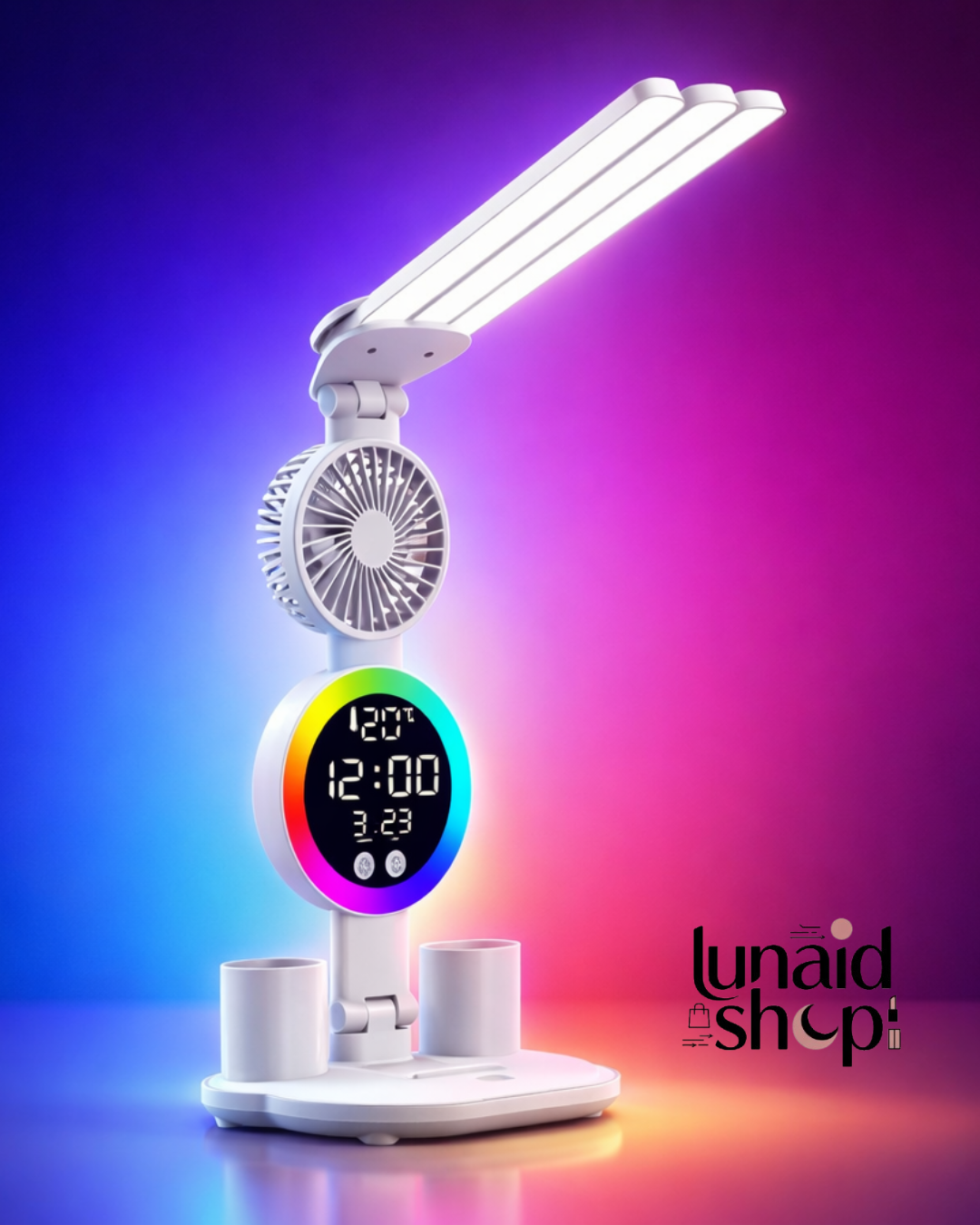 LÁMPARA DE ESCRITORIO CON LUZ LED Y VENTILADOR