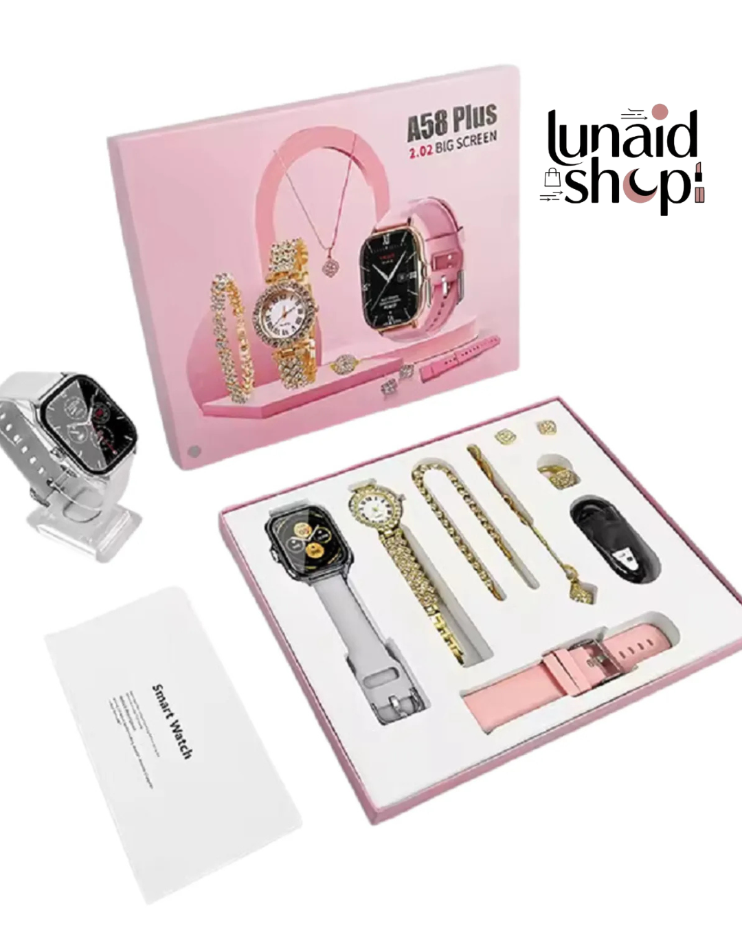 Set Smartwatch A58 Plus – Edición Premium (Rosado) + Accesorios Exclusivos